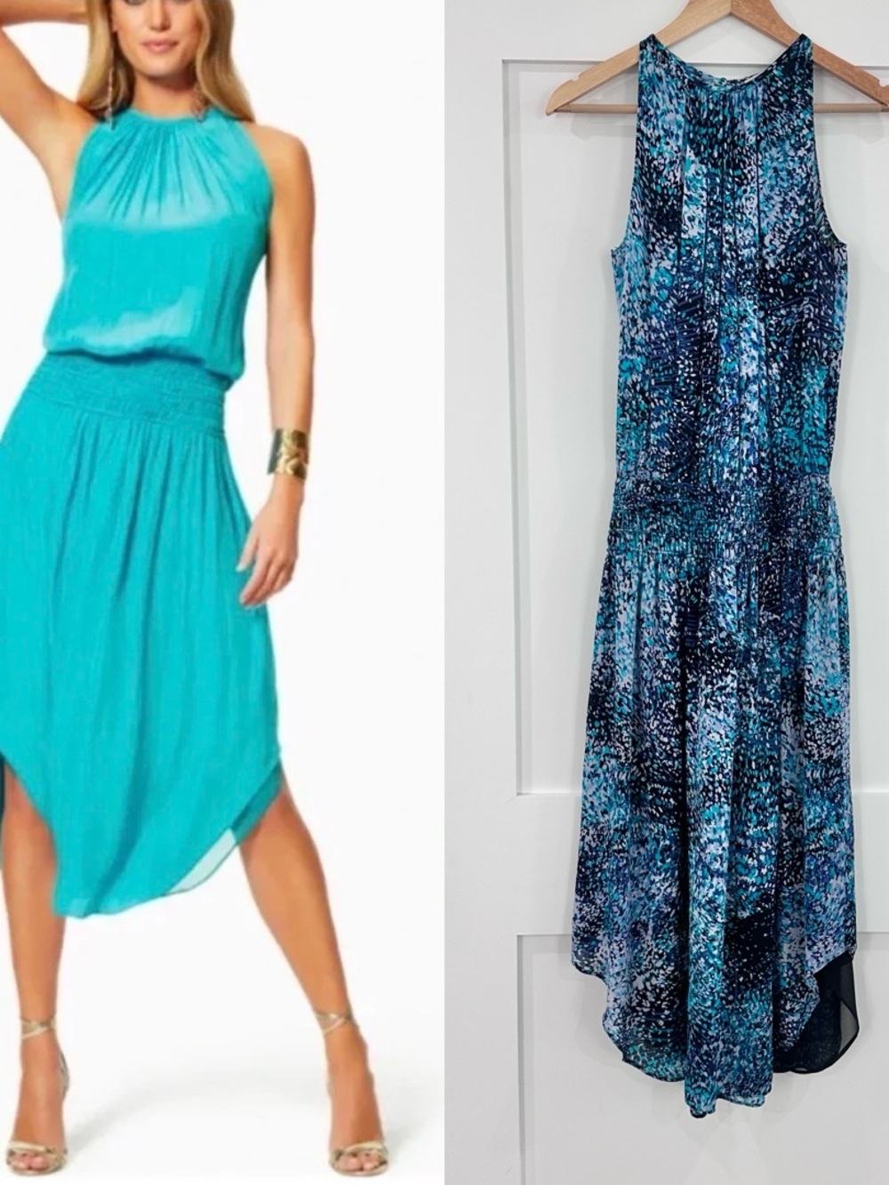 Ramy Brook Audrey smocked midi dress silk spotted blue green black XXS
